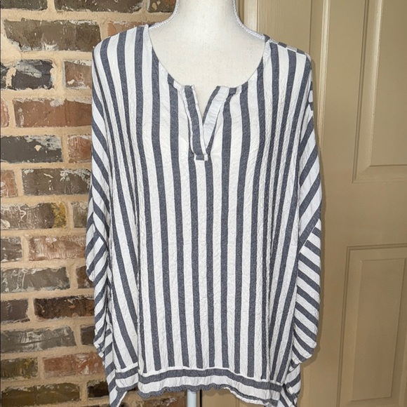 Cotton Bleu Striped Gray White Oversized Top Bat Wing Sleeve Poncho Style Sz L - Picture 1 of 10